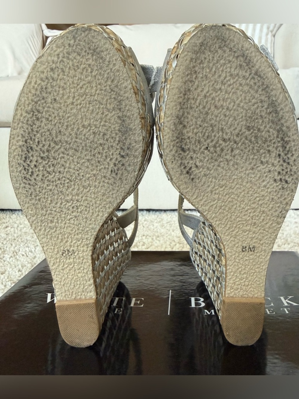 White House Black Market Silver-Tone Woven Sophie Wedge Sandals - Picture 7 of 9